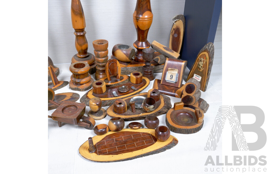 Large Collection of Vintage Mulga Wood Collectibles, Including Smokers Stands, Desk Tidies, Ashtrays and More 