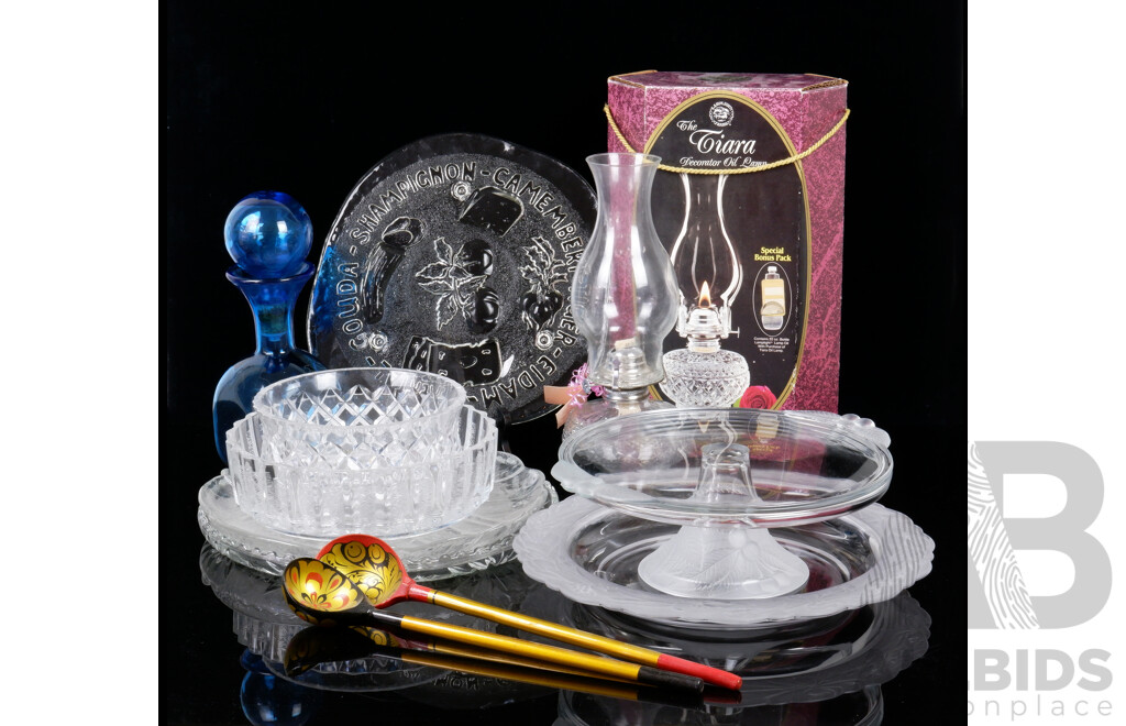 Collection of Vintage Cut Crystal and Moulded Glass, Retro Cobalt Bleu Decanter and Vintage Lamp Light Farmed Oil Lamp