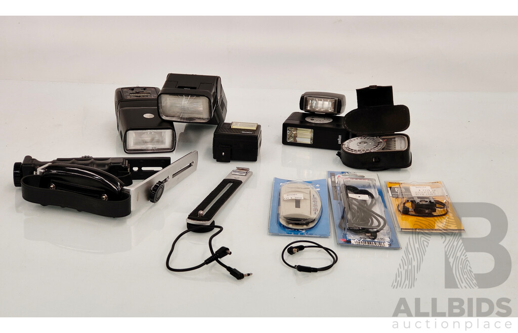 Assorted Photography Accessories, Flashes, Brackets, Cables