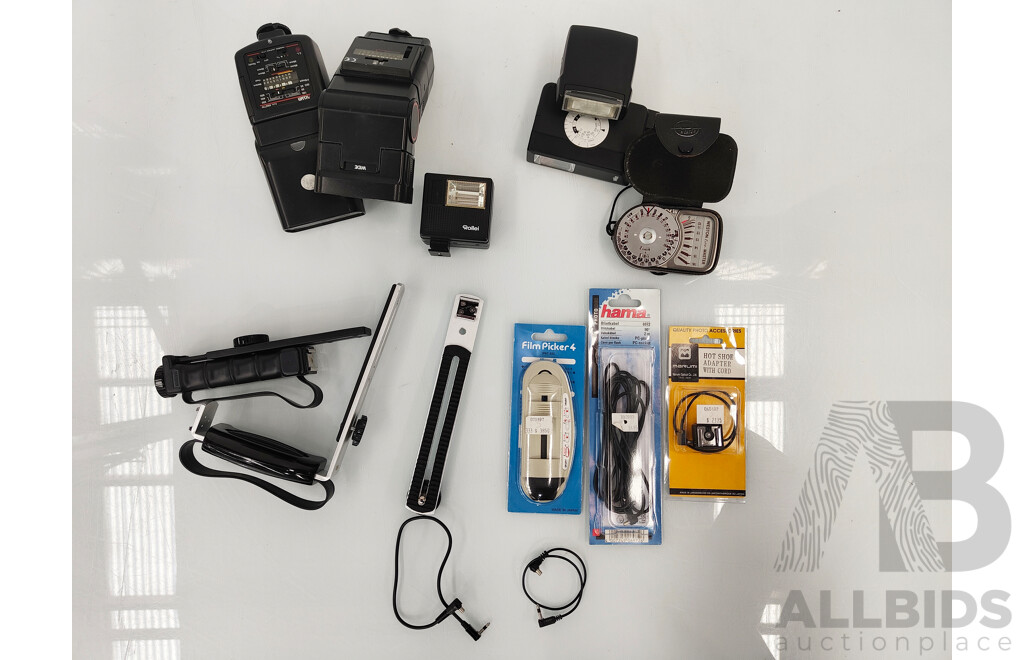 Assorted Photography Accessories, Flashes, Brackets, Cables