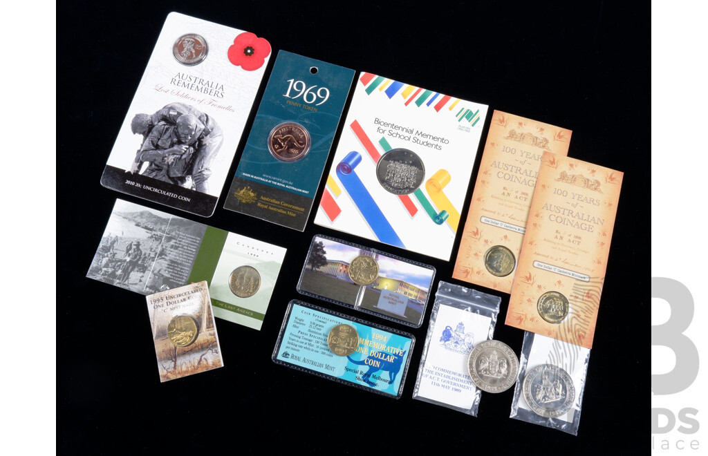 Collection of RAM Coins and Commemorative Medallions, Including 2010 Australia Remembers 20c Uncirculated Coin