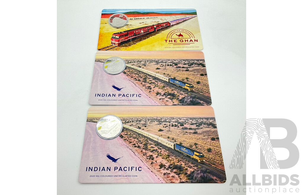 2019 50c Coloured Uncirculated Coin, the Ghan and Two 2020 50c Coloured Uncirculated Coins, Indian Pacific