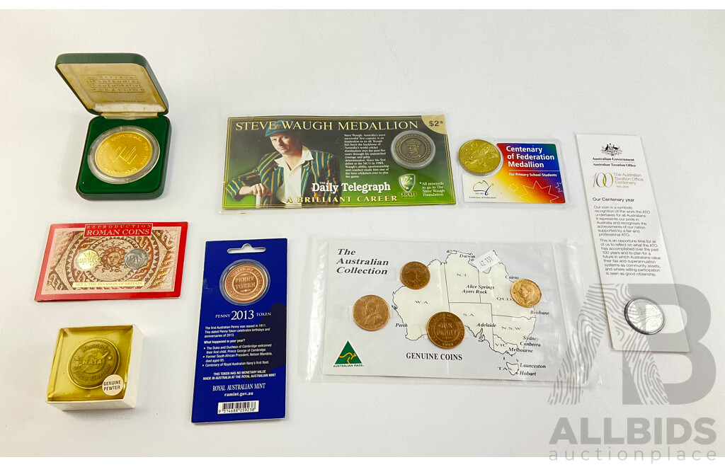 Collection of Commemorative Coins and Medallions, Including Kennedy Space Centre Pewter Medallion, Steve Waugh Medallion, Bicentenary Medallion and More