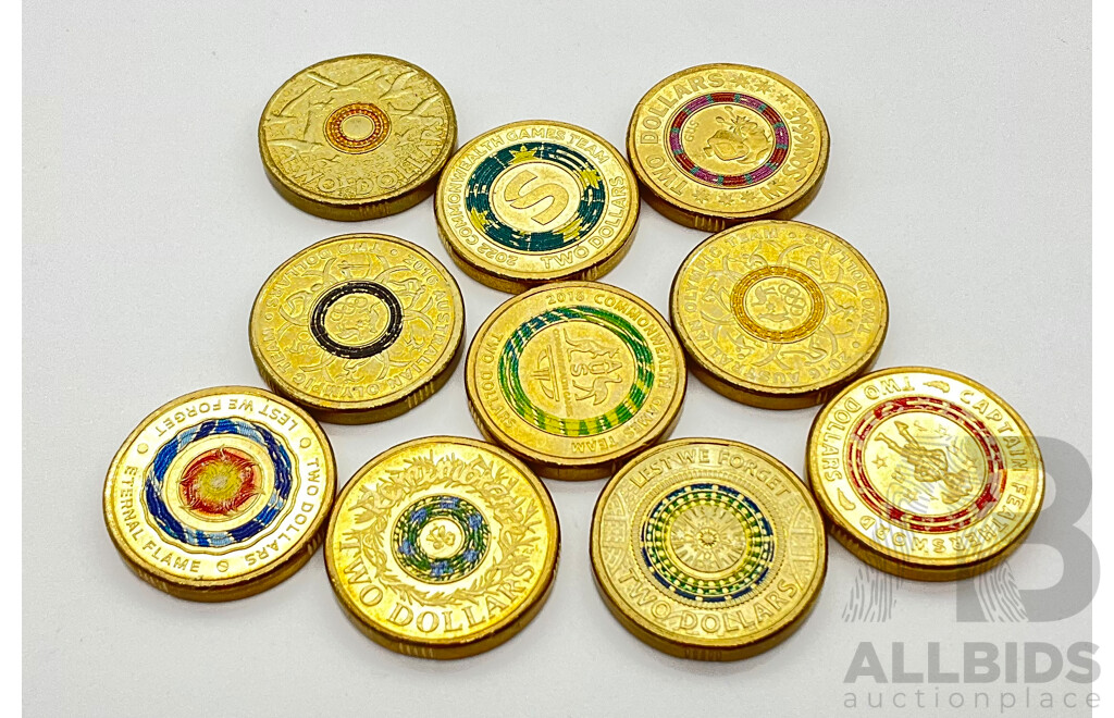 Ten Coloured $2 Coins, Including 2017 Remembrance and 2022 Commonwealth Games