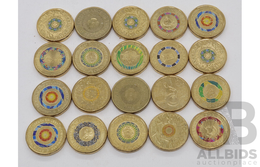 Collection of Australian Coloured Two Dollar Coins Including 2019 Mr Squiggle, 2018 Commonwealth Games, 2017 Remembrance and More (20)