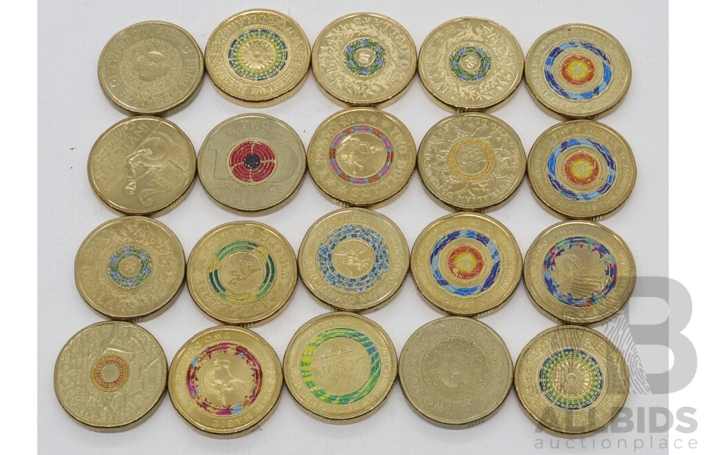 Collection of Australian Coloured Two Dollar Coins Including 2018 Armistice, 2018 Invictus, 2019 Wallabies 2017 Remembrance and More (20)