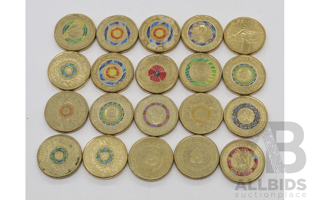 Collection of Australian Coloured Two Dollar Coins Including 2017 Lest We Forget, 2017 Possum Magic, 2018 Armistice and More (20)