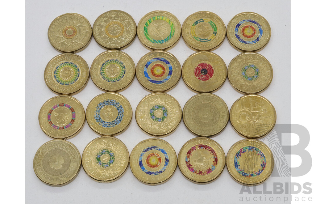 Collection of Australian Coloured Two Dollar Coins Including 2020 Resillience, 2012 Remembrance, 2018 Lest We Forget, 2018 Armistice and More (20)