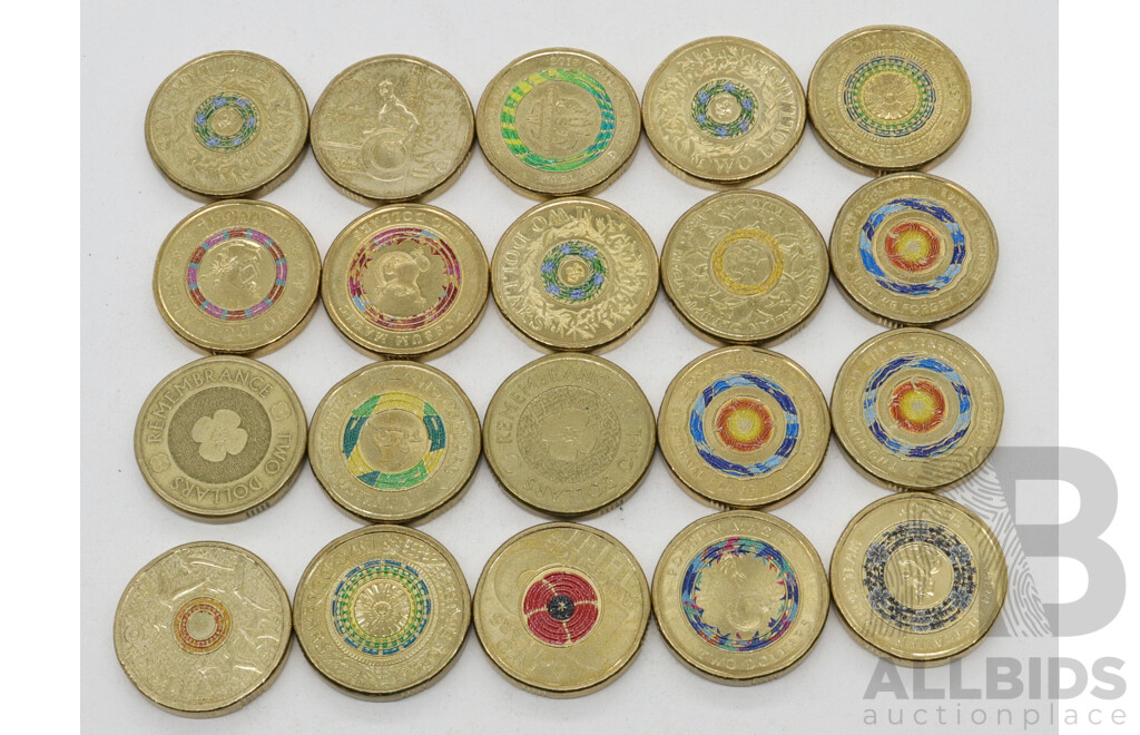 Collection of Australian Coloured Two Dollar Coins Including 2017 Remembrance, 2018 Armistice, 2020 Passion, 2017 Lest We Forget and More (20)