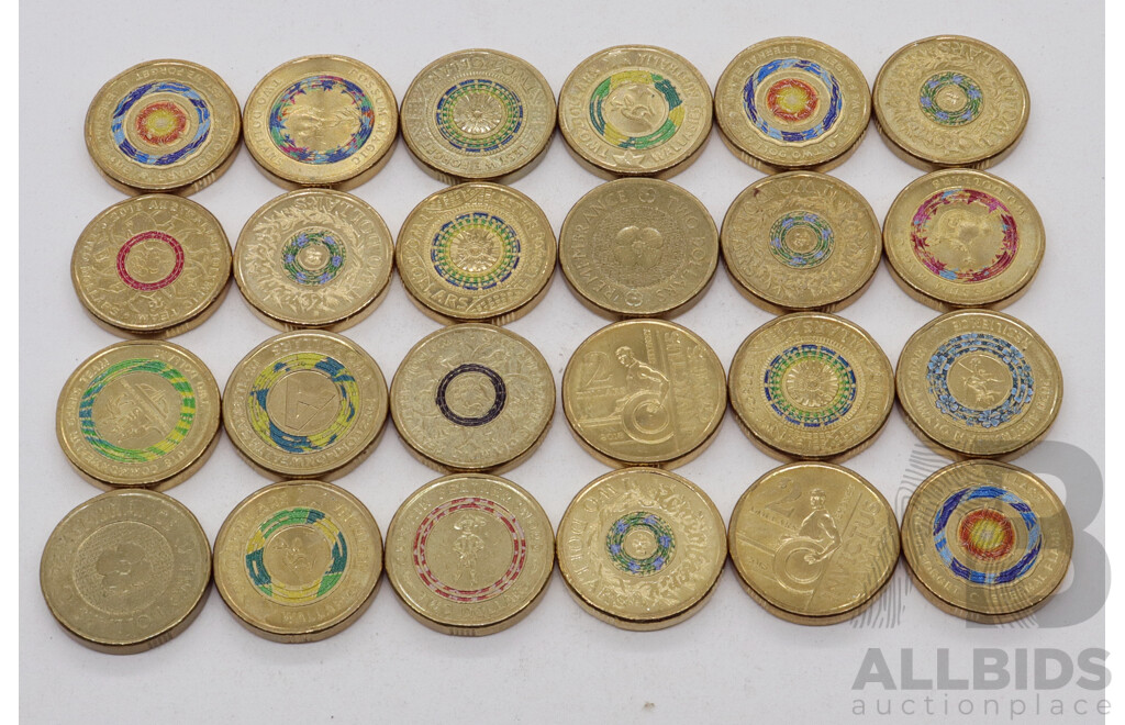 Collection of Australian Coloured Two Dollar Coins Including 2017 Remembrance, 2019 Wallabies, 2017 Lest We Forget, 2017 Possum Magic and More (24)