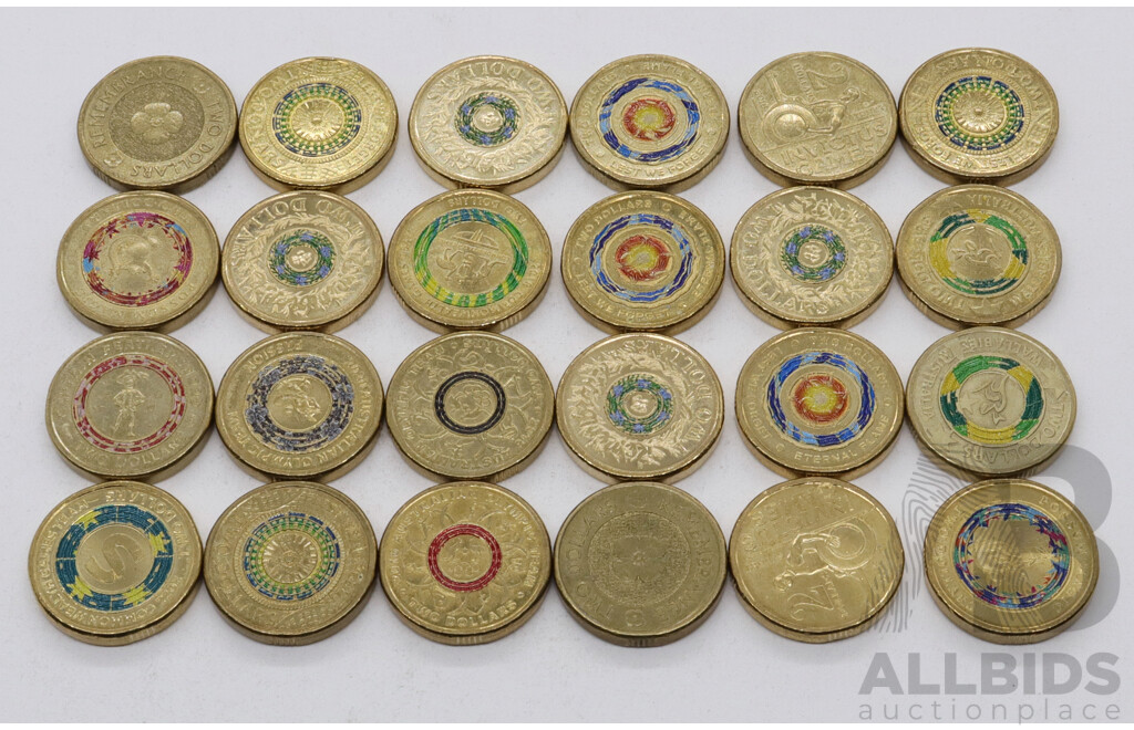 Collection of Australian Coloured Two Dollar Coins Including 2016 Olympic Team, 2017 Possum Magic, 2021 Captain Feather Sword and More (24)