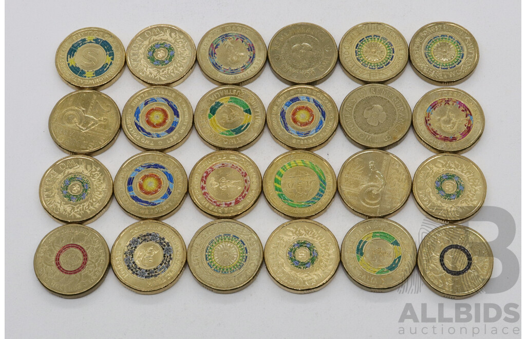 Collection of Australian Coloured Two Dollar Coins Including 2018 Invictus Games, 2022 Olympic 'S' 2016 Olympic Team  and More (24)