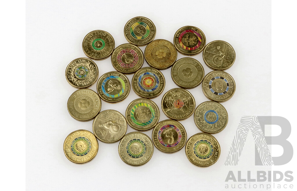 Collection of Australian CommemorativeTwo Dollar Coins Including 2018 Invictus Games, 2012 Remembrance, 2019 Wallabies, 2018 Commonwealth Games and More (20)