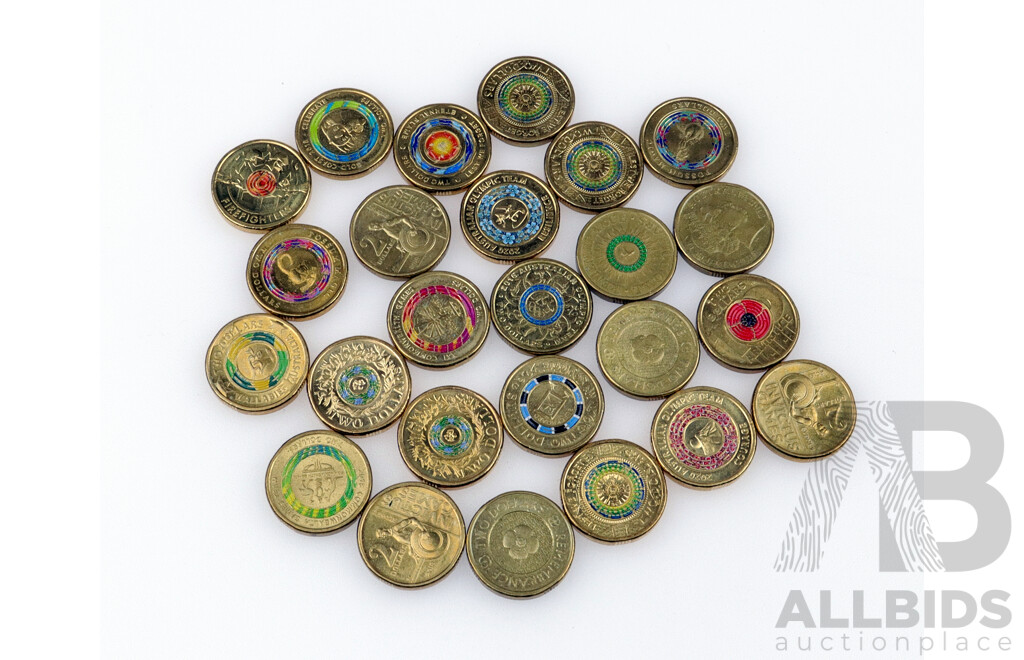 Collection of Australian Commemorative Two Dollar Coins Including 2018 Commonwealth Games, 2014 Remembrance, 2018 Armistice 2020 Firefighters and More (25)