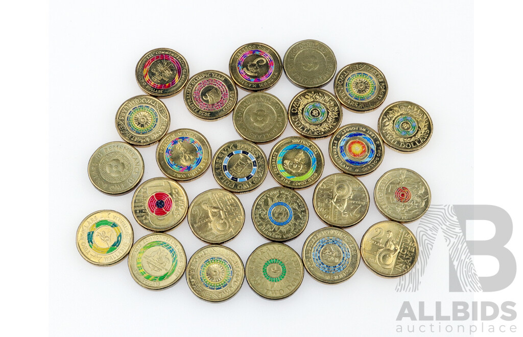 Collection of Australian Commemorative Two Dollar Coins Including 2018 Commonwealth Games, 2017 Remembrance, 2020 Olympics Resiliance, 2018 Armistice and More (25)