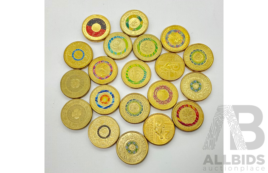 Collection of Australian Two Dollar Coins Including 2021 Aboriginal Flag, 2019 Wallabies, 2018 Gold Coast Celebrate, 2020 Olympic Courage and More (20)