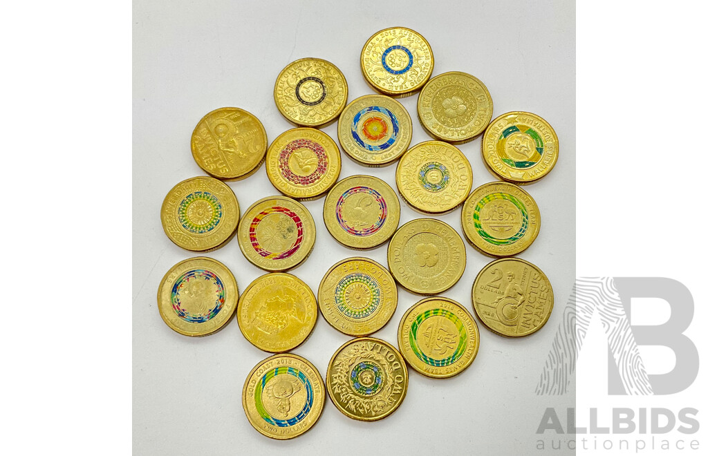 Collection of Australian Two Dollar Coins Including 2020 Invictus Games, 2017 Remembrance, 2017 Possum Magic, 2017 Lest We Forget and More (20)