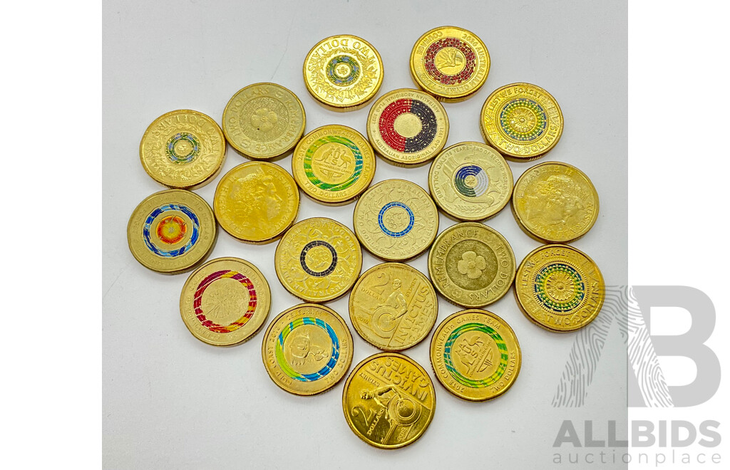Collection of Australian Two Dollar Coins Including 2020 75 Years End of World War Two, 2017 Lest We Forget, 2021 Aboriginal Flag, 2018 Commonwealth Games and More (20)
