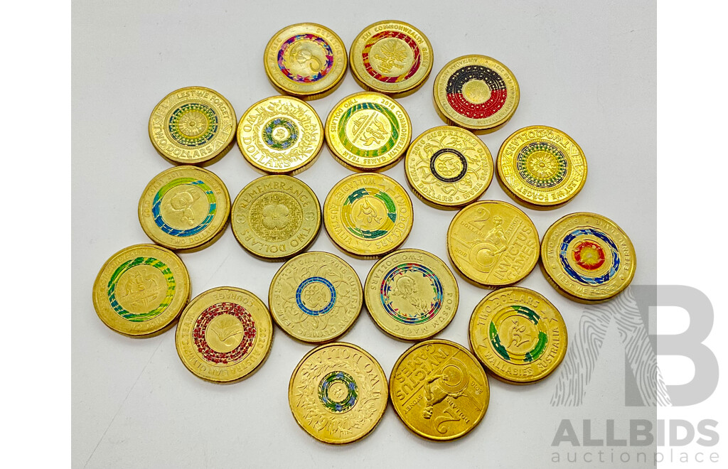 Collection of Australian Two Dollar Coins Including 2021Aboriginal Flag, 2020 Olympics Courage, 2017 Possum Magic, 2017 Remembrance and More (20)