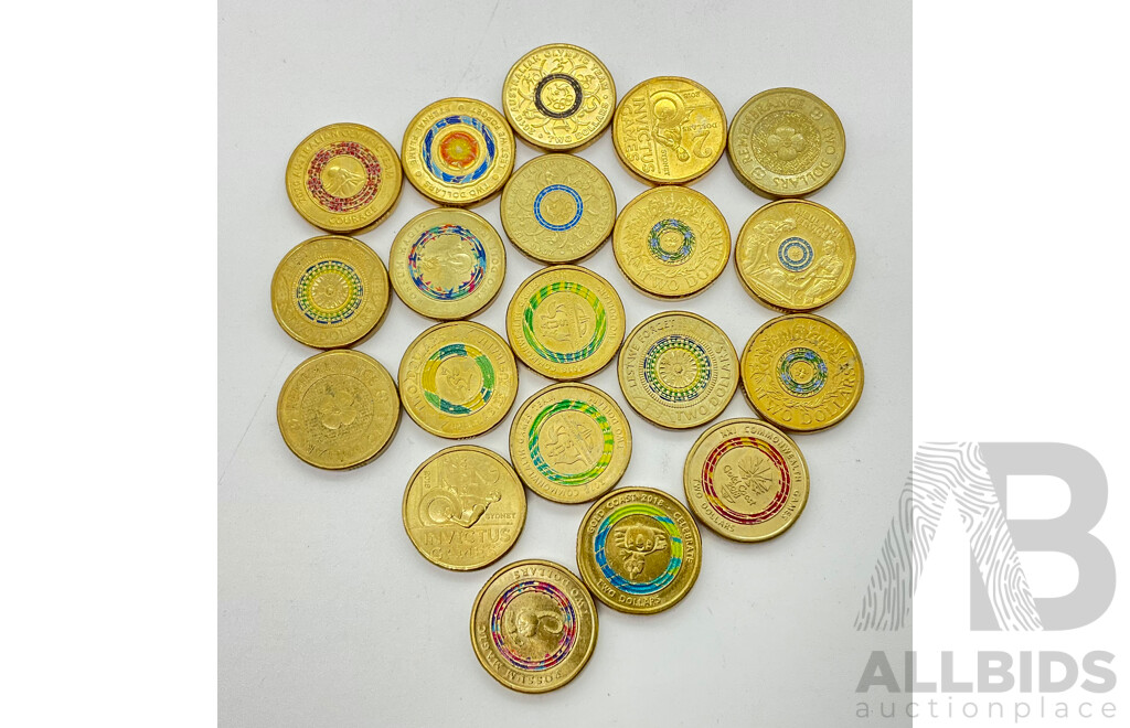 Collection of Australian Two Dollar Coins Including 2021 Ambulance Service, 2012 Remembrance, 2016, Olympic Team, 2018 Commonwealth and More (20)