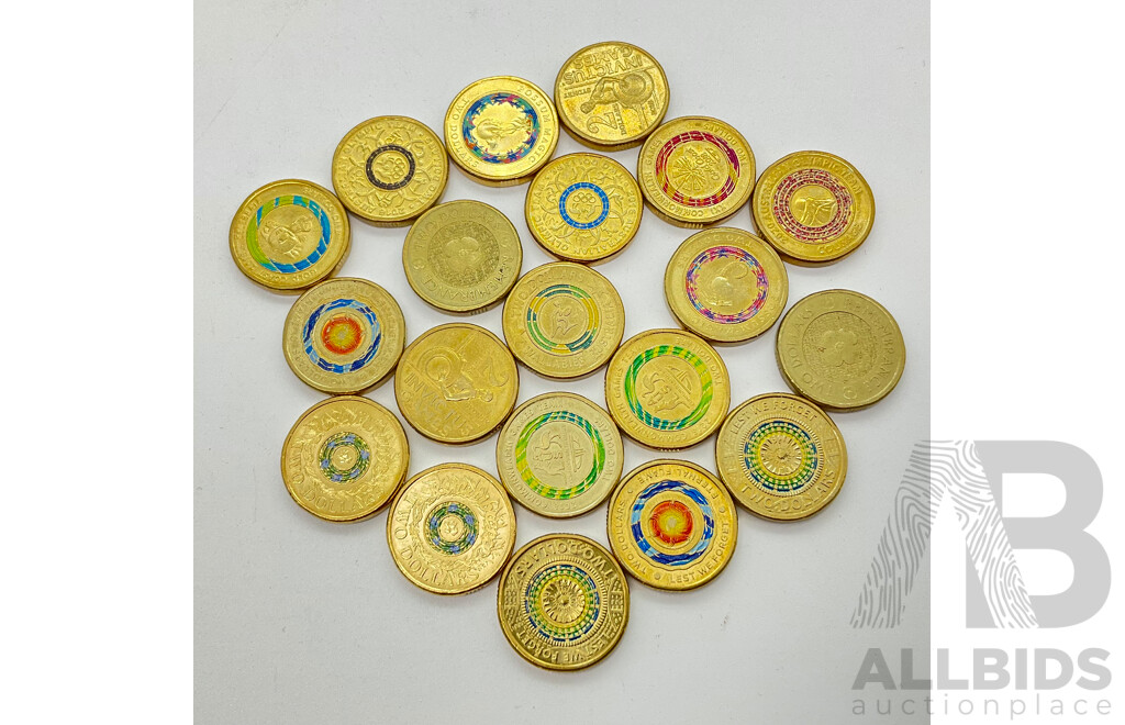 Collection of Australian Two Dollar Coins Including 2016 Olympic Team, 2019 Wallabies, 2018 Eternal Flame, 2012 Remembrance and More (20)