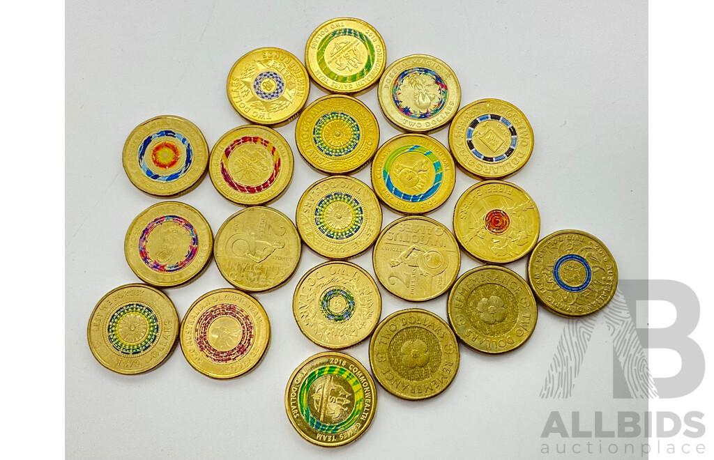 Collection of Twenty Australian Two Dollar Coins Including 2020 Fire Fighters, 2019 Police Remembrance, 2017 Lest We Forget, 2012 Remembrance and More (20)
