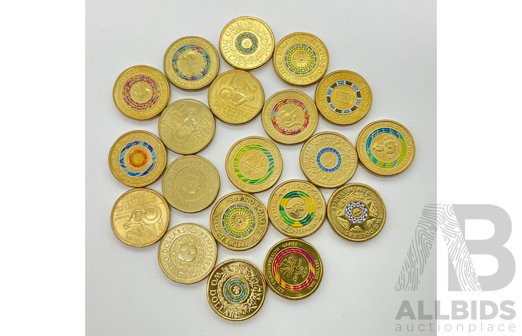 Collection of Twenty Australian Two Dollar Coins Including 2019 Black Board, 2017 Possum Magic, 2018 Commonwealth Games, 2018 Invictus Games and More (20)