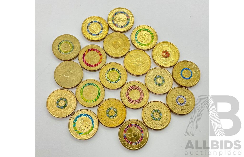 Collection of Twenty Australian Two Dollar Coins Including 2018 Commonwealth Games, 2020 Olympics, 2017 Lest We Forget, 2020 Firefighters and More (20)