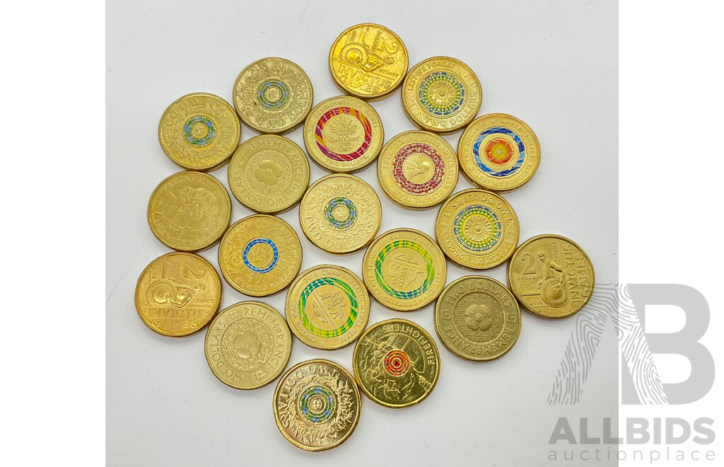Collection of Twenty Australian Two Dollar Coins Including 2018 Lest We Forget, 2018 Invictus, 2017 Remembrance, 2017 Lest We Forget, 2017 Possum Magic and More (20)