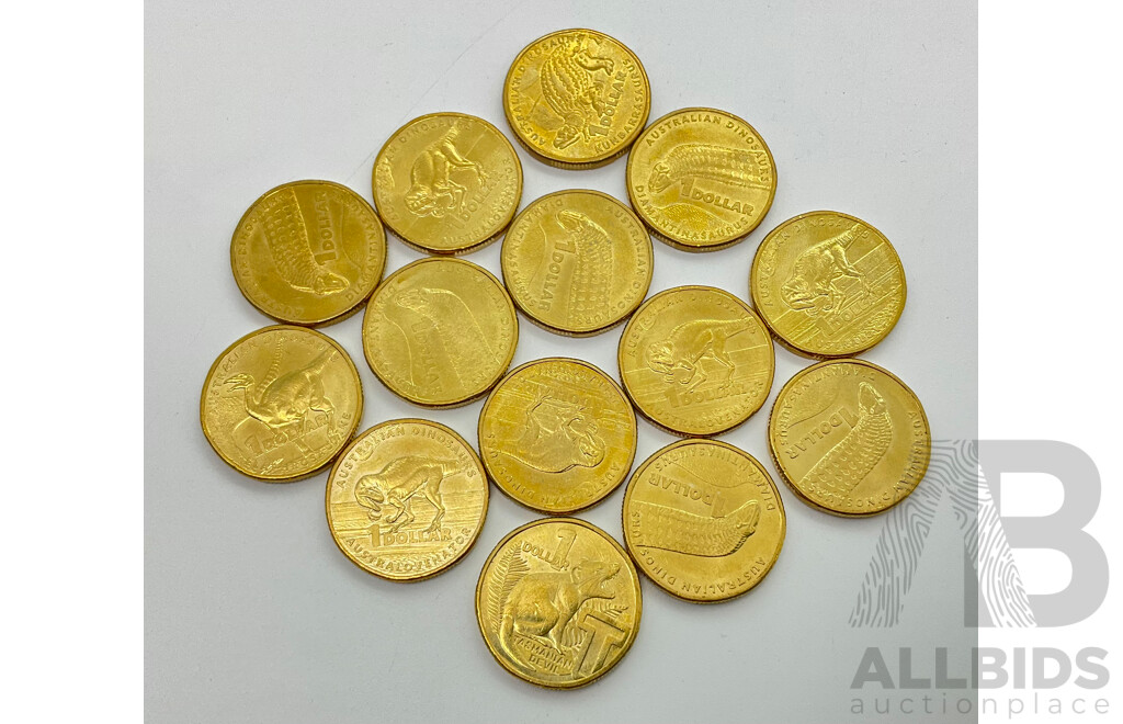Collection of Australian 2022 One Dollar Dinosaur Coins Including Diamantinasaurus, Australovenator Elaphrosaurine(14)