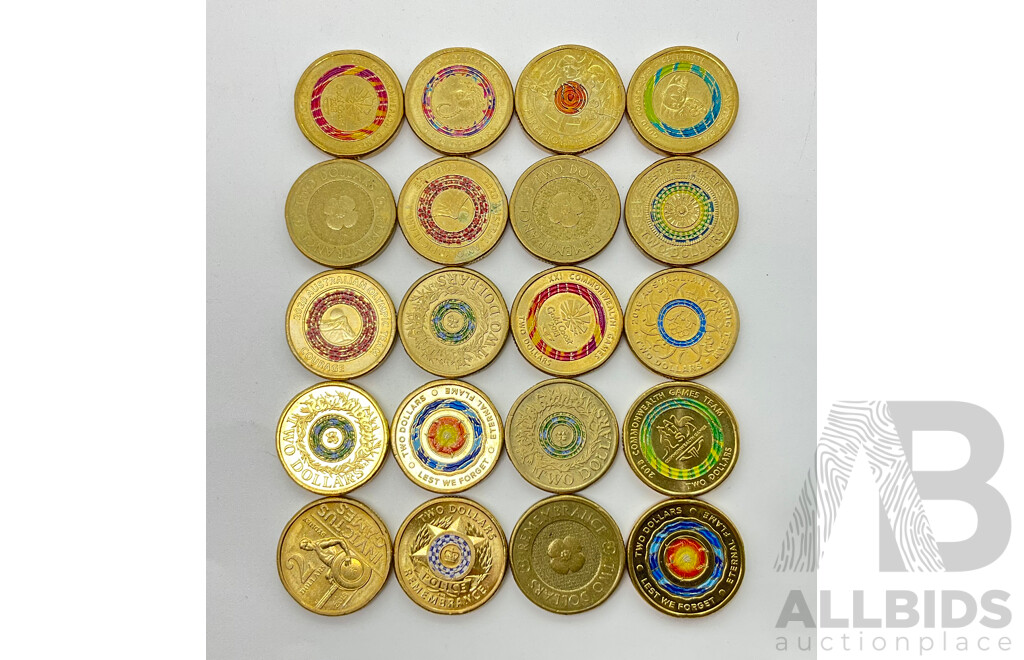 Twenty Australian Commemorative Two Dollar Coins Including 2012 Remembrance, 2018 Commonwealth Games, 2020 Olympic Courage, 2017 Lest We Forget, 2020 Fire Fighters, 2019 Police Remembrance and More