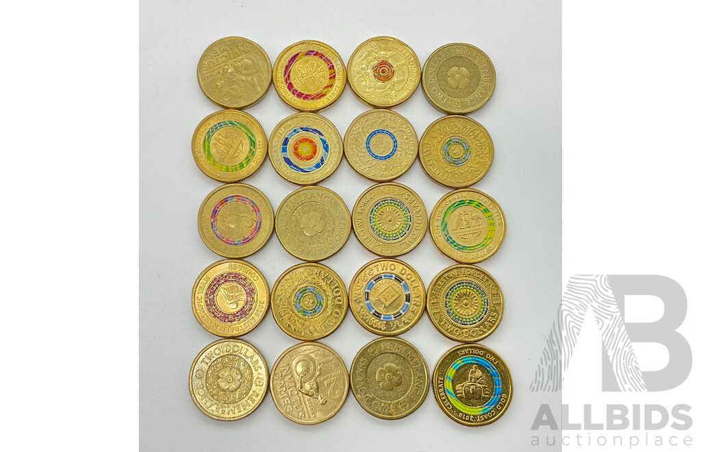Twenty Australian Commemorative Two Dollar Coins Including 2018 Invictus Games, 2017 Lest We Forget, 2016 Olympics, 2012 Remembrance, 2020 Fire Fighters and More