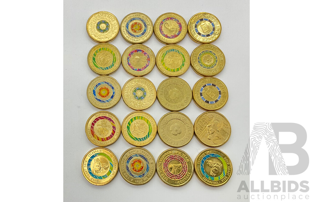 Twenty Australian Commemorative Two Dollar Coins Including 2017 Lest We Forget, 2019 Mr Squiggle Blackboard, 2017 Possum Magic, 2018 Commonwealth Games and More
