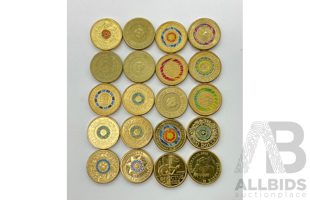 Twenty Australian Commemorative Two Dollar Coins Including 2020 Fire Fighters, 2018 Eternal Flame, 2017 Possum Magic, 2012 Remembrance, 2019 Police Remembrance and More