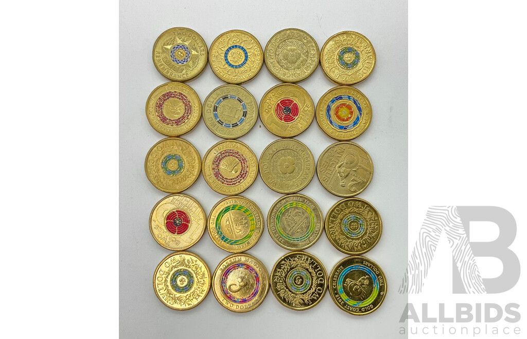 Twenty Australian Commemorative Two Dollar Coins Including 2019 Police Remembrance, 2018 Armistice, 2020 Olympics Courage, 2016 Olympics and More