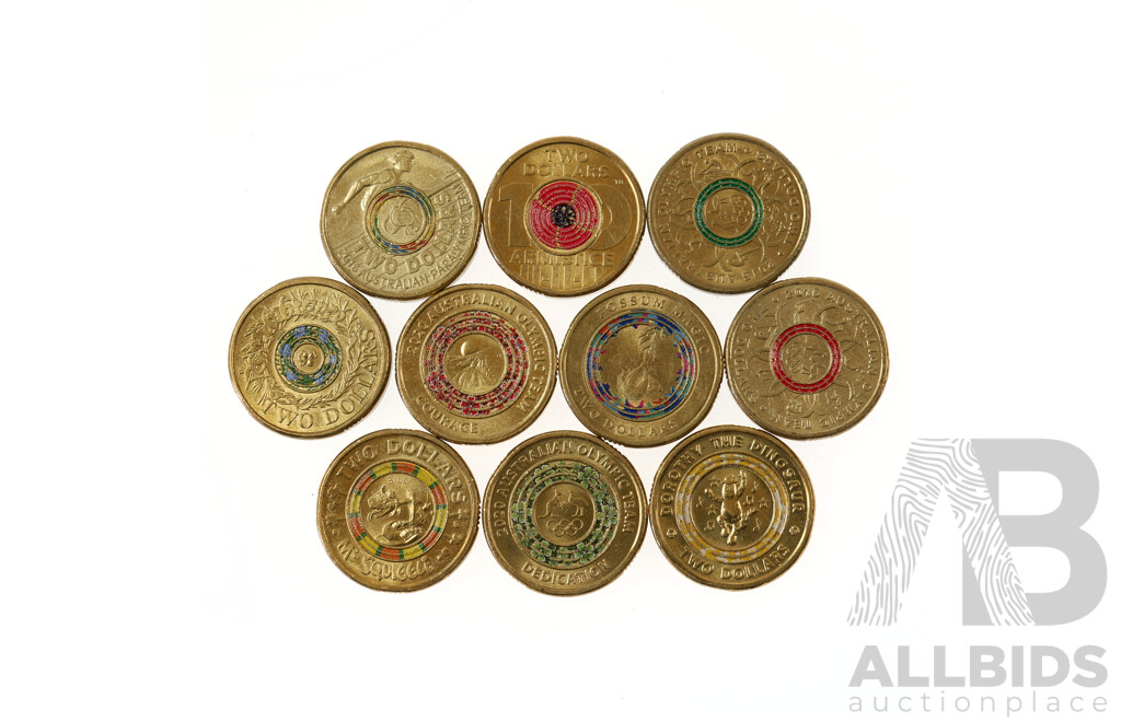 Ten Coloured $2 Coins, Including 2018 Armistice and 2017 Possum Magic 