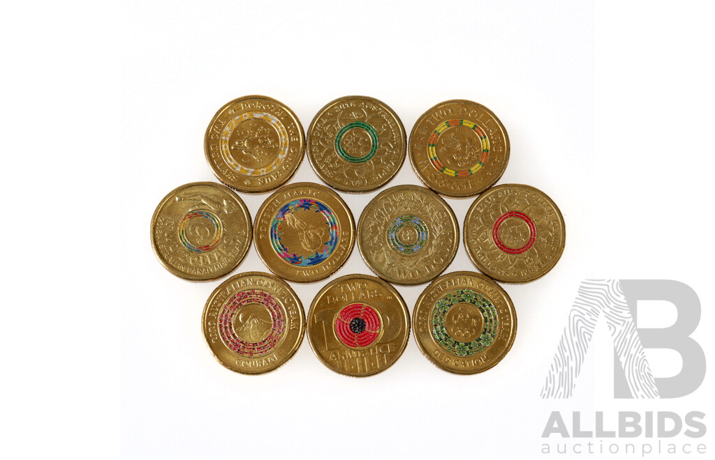 Ten Coloured $2 Coins, Including 2017 Remembrance and 2019 Mr Squiggle