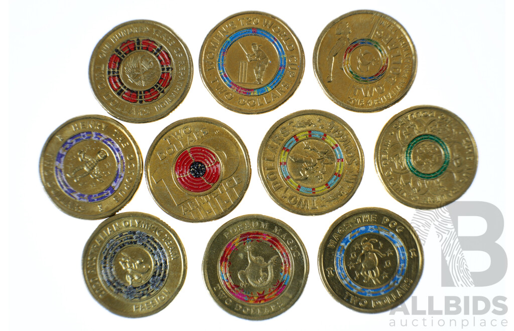 Ten Coloured $2 Coins, Including 2018 Armistice and 2016 Australian Olympic Team