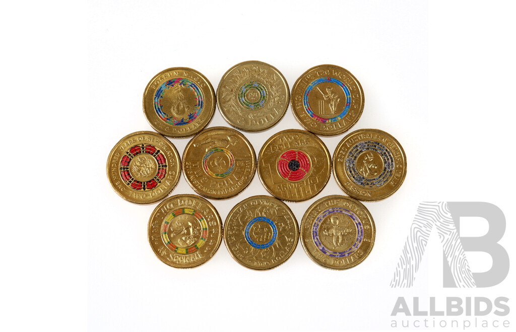 Ten Coloured $2 Coins, Including 2020 Australian Olympic Team and 2018 Armistice