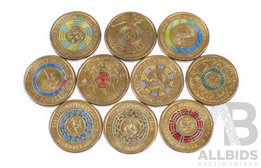 Ten Coloured $2 Coins, Including 2020 Australian Olympic Team Striving and 2016 Australian Olympic Team