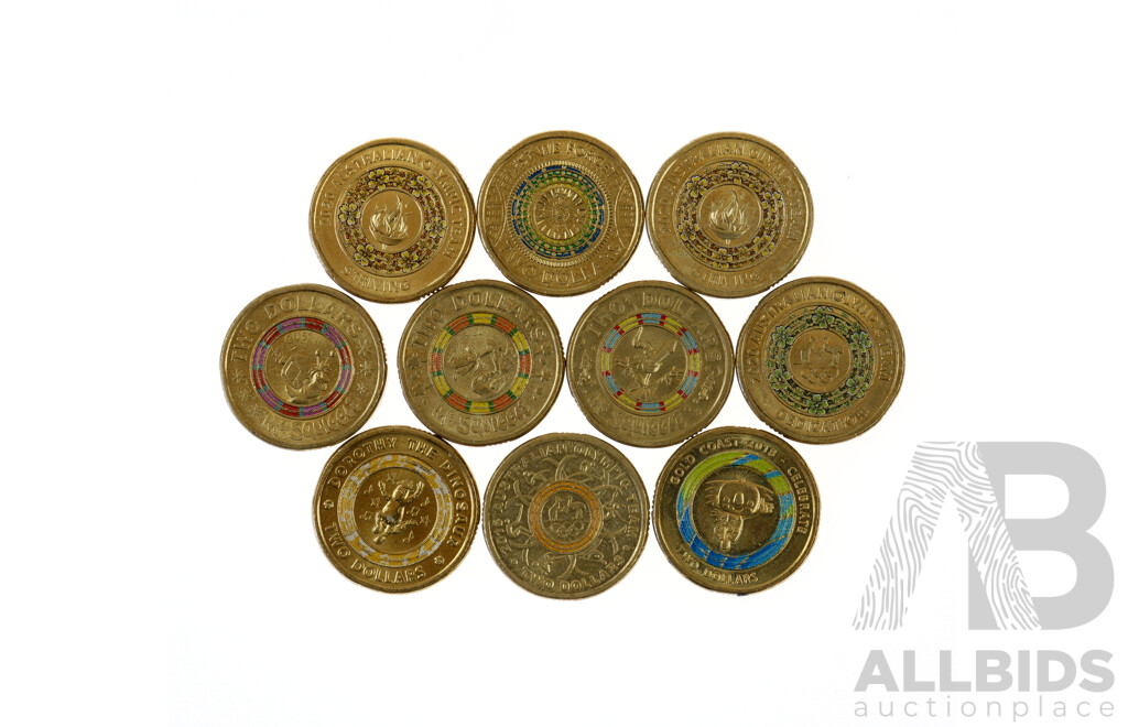 Ten Coloured $2 Coins, Including 2017 Lest We Forget and 2020 Australian Olympic Team