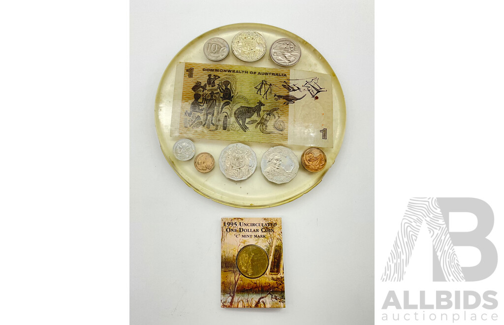 Australian Currency Set in Resin Including 1966 Round Fifty Cent Coin, 1970 Fifty Cent Captain Cook One Dollar and 1995 Carded One Dollar, Waltzing Matilda