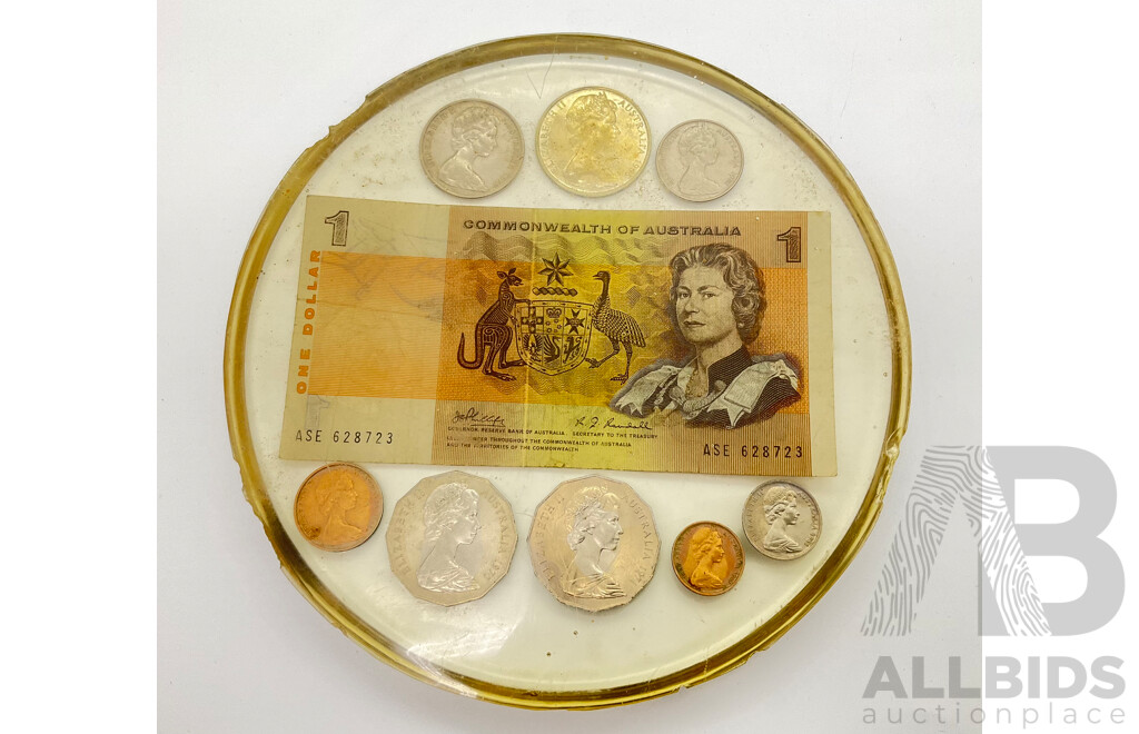 Australian Currency Set in Resin Including 1966 Round Fifty Cent Coin, 1970 Fifty Cent Captain Cook One Dollar and 1995 Carded One Dollar, Waltzing Matilda