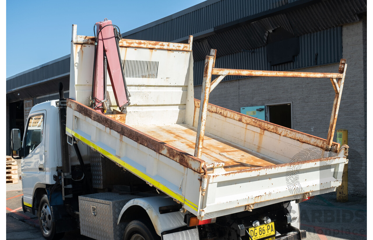 12/2007 Mitsubishi Canter Fuso 7/800 Tipper Truck with HIAB 2d White 3.9L Turbo Diesel