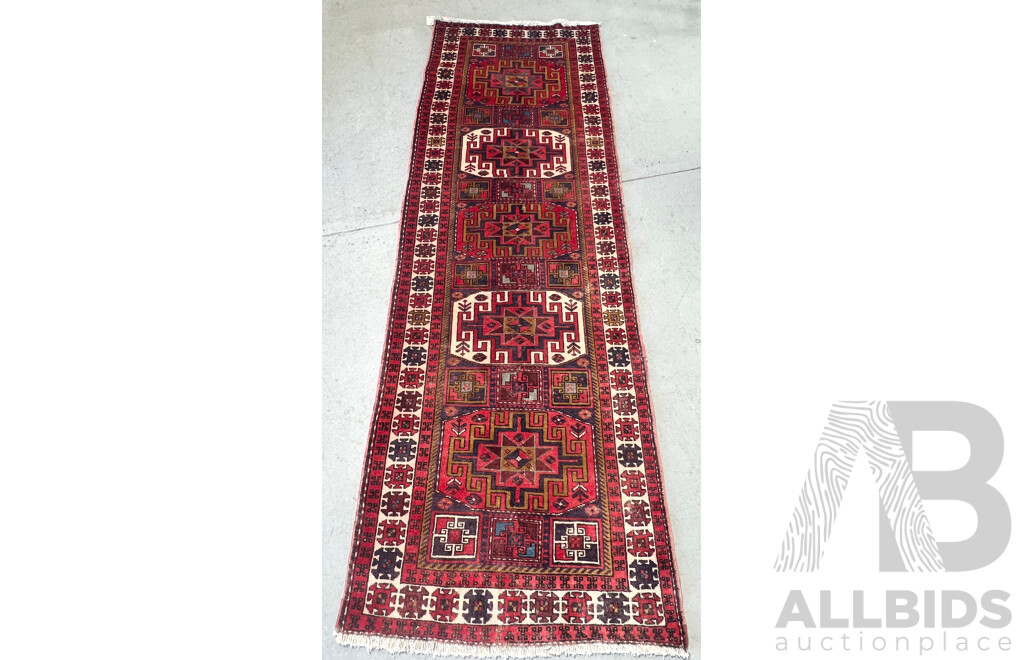 VIntage Hand Knotted  Persian Kamseh Wool Runner with Interesting Colours