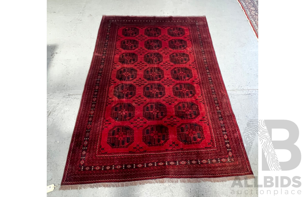 Large Hand Knotted Afghan Pure Wool Carpet with Classic Madder Red Elephant Foot Gul Flower Design