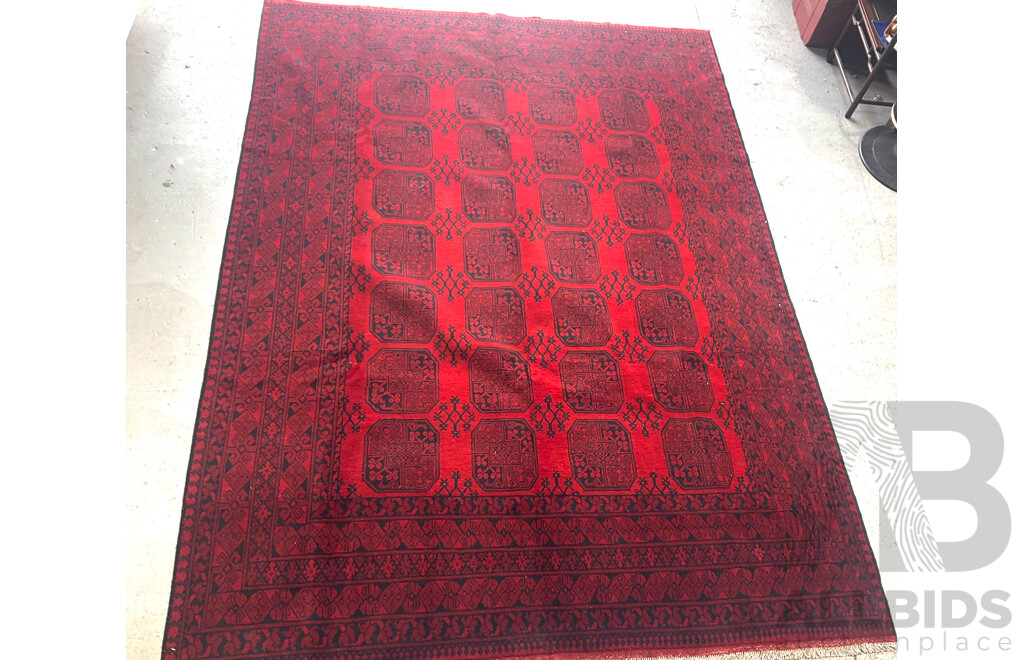 Vintage Hand Knotted Afghan Main Carpet with Classic Elephants Foot Gul and Madder Red Colouration
