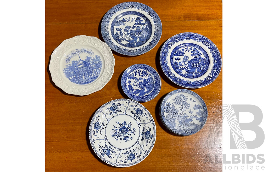 Collection 12 Vintage Mostly Willow Pattern Blue and White Porcelain Plates Including Meakin, Broadhurst, Mason, Johnson Bros and More