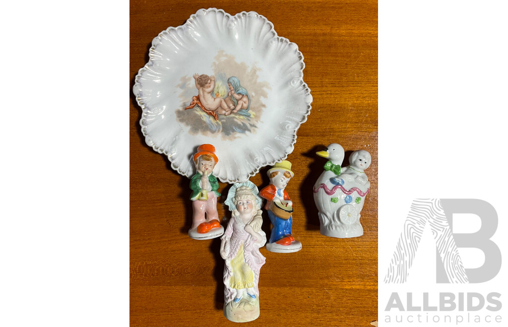 Vintage Porcleain Cherub Themed Plate Along with Four Vintage Ceramic Figures