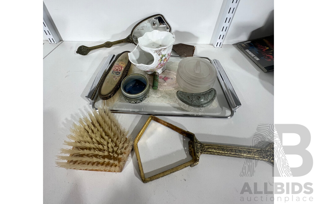 Collection Vintage Dressing Table Items Including Shaving Mug, Glass Dental Bath and More